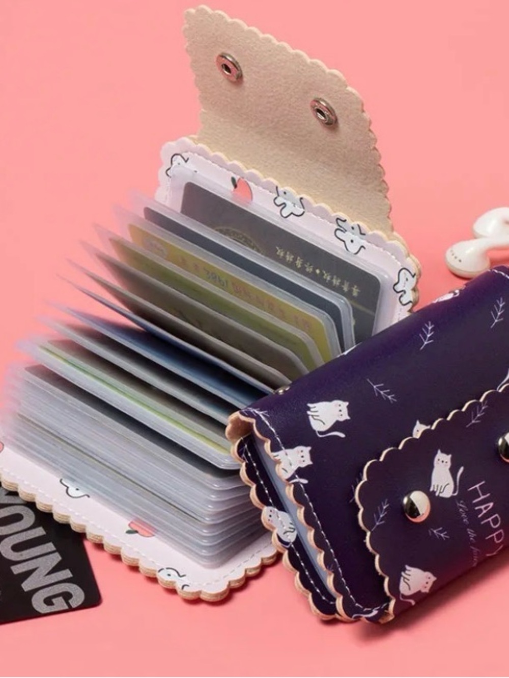 Cute Cat Print Card Holder Wallet - Purple